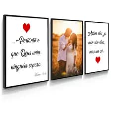 quadro decorativo 3 peça 40x60 de casamento oque Deus uniu para quarto sala casal namorados sua foto