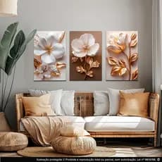 plaquinhas decorativas kit 3 peças 20x30, decorativo para sala,Escritório,quarto flor dourada