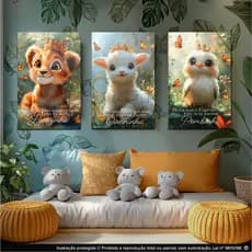 Quadros Decorativos kit 3 peças 40x60  decorativo para sala,Escritório infantil bicho reizinhos