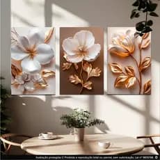 Quadros Decorativos kit 3 peças 40x60  decorativo para sala,Escritório,quarto flor dourada
