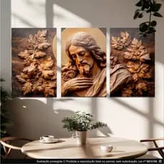 Quadros Decorativos kit 3 peças 40x60  decorativo para sala,Escritório,quarto jesus fundo madeirado