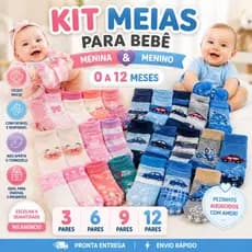 Kit 12 Pares de Meias para Bebes Antiderrapante 0 a 24 Meses Menino Menina Enxoval Macio e Respirável