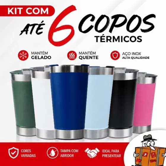 Kit com até 6 copos térmicos Inox 473 Ml ,copos lisos , sem logomarca, copo inox para bebidas, com tampa e abridor