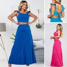Conjunto Feminino Algodão 3 Marias Saia Longa + Cropped Alça Costas Nua
