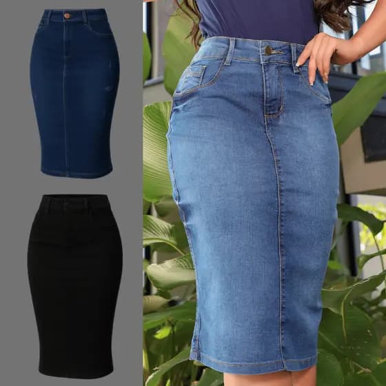Saia Jeans Curta Feminina Secretária Lycra Moda Evangélica Social Casual