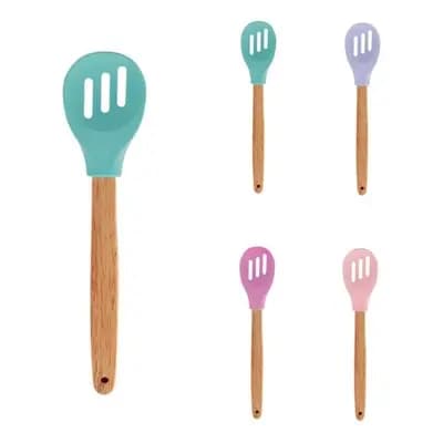 Colher Vazada De Silicone E Cabo Em Madeira Culinária
