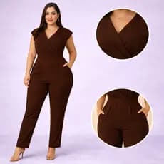 Macacão Feminino Elegante Plus Size Decote V Casual Social Com Bolso