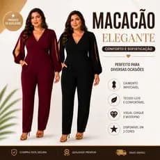 Kit 2 Macacão Manga Longa Feminino Com Fenda Elegante  Plus Size Decote V Social Com Bolso