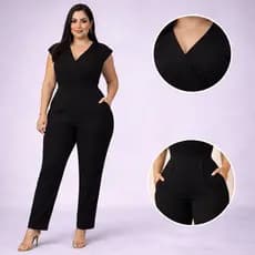 Macacão Duna Feminino Elegante Social Plus Size Confortável Com Bolso Decote V