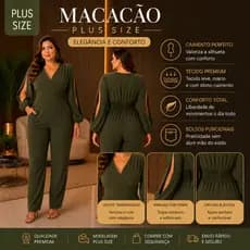 Macacão Feminino Manga Longa Elegante que valoriza o corpo Plus Size Duna  Decote V Social Com Bolso