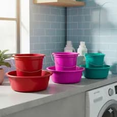 Kit Balde 7L e Bacia 6,5L Diversas Cores Plástico Resistente Leve para Limpeza Novidade Lavanderia