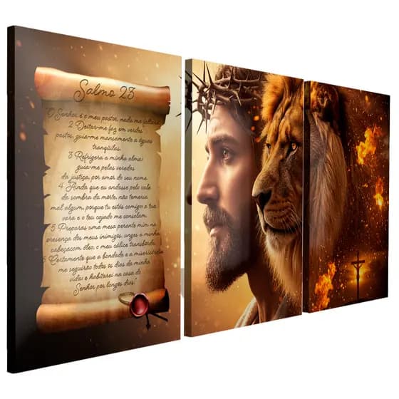 Quadro Decorativo Salmo 23 Jesus Leão de Judá Bíblico (3 Peças) Alta Qualidade Resolução em mdf