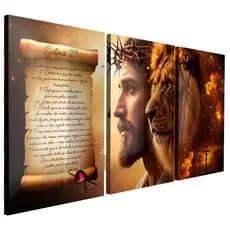 Quadro Decorativo Salmo 23 Jesus Leão de Judá Bíblico (3 Peças) Alta Qualidade Resolução em mdf