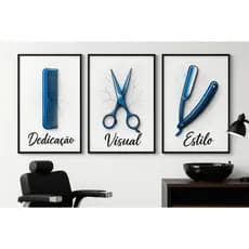 Quadro Decorativo Barbearia Moderna Kit 3 Peças Pente Tesoura Navalha Estilo Dedicação Visual Branco