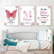 Quadro Decorativo 3 Peças Infantil Borboletas de Fé