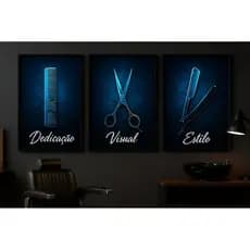Quadro Decorativo Barbearia Moderna Kit 3 Peças Pente Tesoura Navalha Estilo Dedicação Visual