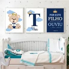Quadro Decorativo 3 Peças Infantil Ursinho Príncipe Théo Medidas Variadas