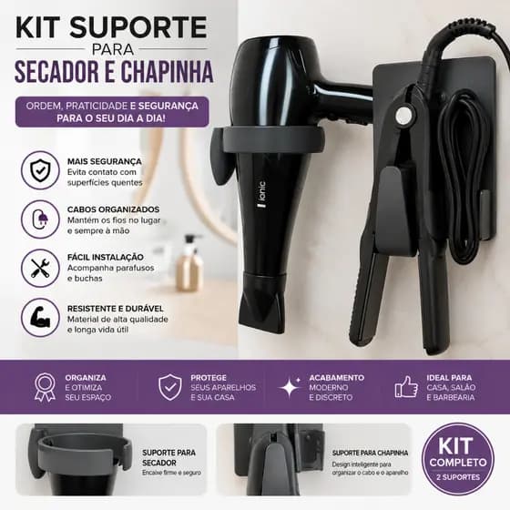 Suporte de Parede para Prancha/Chapinha + Suporte secador – Organização de Banheiro e Salão Organizador Compacto kit