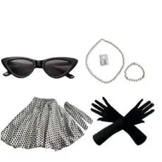 Kit Saia Bolinha Óculos Luva Colar Brinco Pulseira e Lenço Feminina Adulto Anos 60 Retro Godê Rodada Poá Moda Feminina