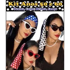 Kit Luxo Anos 50 e 60 Lenço Óculos Colar e Brinco Acessório Fantasia Cosplay