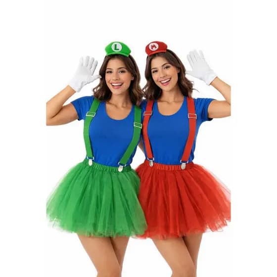 KIT Fantasia Super Mario + Luigi + 4 ITENS / Tiara Mario Bros+ Tiara Luigi + Saia + Suspensório + Luva (Bigode) e luva
