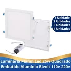 Painel Plafon Led 25W Quadrado Embutir Alumínio 29x29cm Frio 6500k ou Quente 3500k Bivolt 110v-220v