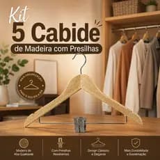 Kit 5 Cabide De Madeira Adulto Com Presilha E Cava 45cm Premium Resistente