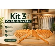 Kit 3 Cabide de Madeira Adulto com Cava e Barra para Calças Conjuntos