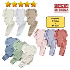 Kit Enxoval 6 Pçs Body Bebê Manga Longa e Calça Combinando 100% Algodão
