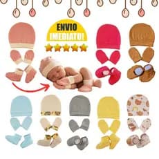 Kit 9 Peças 3 Toucas, 3 Pares Luvas e 3 Pares Sapatos de Bebê Recém Nascido Malha Hipoalergênico 100% algodão.