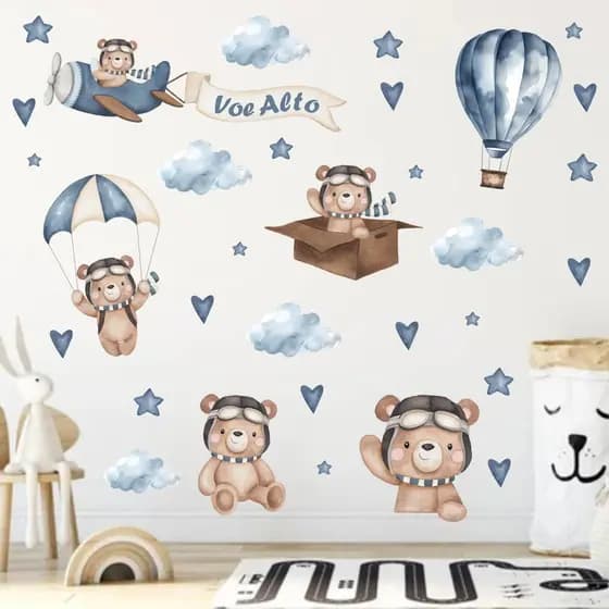 Kit Adesivos Ursinho Aviador Decoração Infantil Nuvens Estrelas Balões Fácil Aplicação