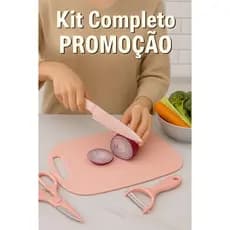 Kit Utensílios de Cozinha 4 Peças Rosa – Faca, Tesoura, Descascador e Tábua