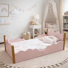 Mini Cama Infantil Montessoriana Pés Madeira Estilo Montanha Colchão Incluso Caminha Cercado Quarto