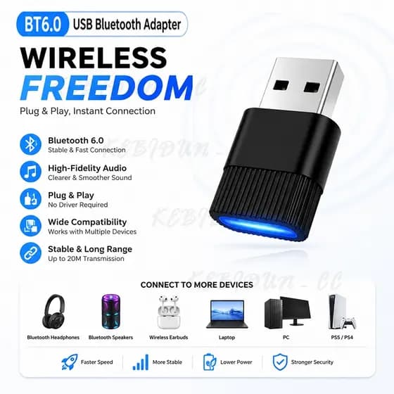 Mini Adaptador Dongle USB Sem Fio Bluetooth 6.0 , Receptor Transmissor De Áudio E Música Para PC , Alto-Falante , Mouse