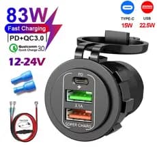 83W Tomada De Carregador De Carro Duplo Tipo-C E USB 4 Portas Carregamento Rápido À Prova Dwaterproof Água Com Voltímetr