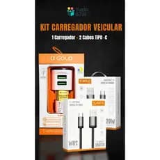Carregador Veicular Turbo CJ05-4 + Cabos (Tipo-C / Lightning)