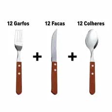 Kit 36 Talheres Aço Inox Cabo de Madeira (12 Garfos + 12 Facas + 12 Colheres) Jogo de Mesa Completo