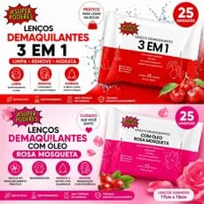Lenço Demaquilante 3 em 1 e Rosa Mosqueta Remove Maquiagem Limpa Hidrata 25 Unidades Super Poderes