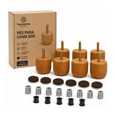 Kit Pés Cama Box Pes Madeira C/6,5cm Natural Casal + Bucha Americana Mel ou Preto Super Resistente