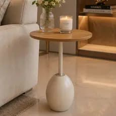Mesa Lateral Base Luna Oval Off White em Madeira Natural