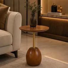 Mesa Lateral Madeira Maciça com Haste Dourada e Tampo Redondo 40cm Design Moderno  Mesa de Apoio Redonda Madeira Maciça