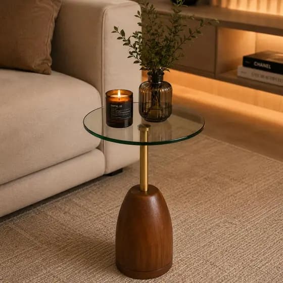 Mesa Lateral Redonda com Vidro Temperado Base Madeira Maciça Castanho