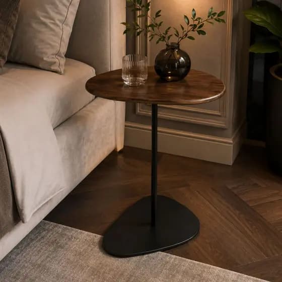 Mesa Lateral Redonda em Madeira Maciça Premium Castanha