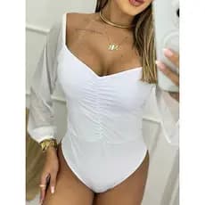 Body Com Manga Tule Feminino Manga Princesa Franzido Juliette Bufante Roupas Feminina para festa balada