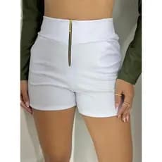 Short Feminino de Couro Cintura Alta Couro Fake Cirre Zíper Frontal Cintura Alta