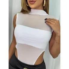 Body Tule Transparente Cavado com Bojo & Strass Festa Moda Influencer