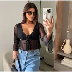 Cropped Blusa Eliza Feminina Amarração Franzido Frente / Decote Manga Fare Babado Blogueira  Flare