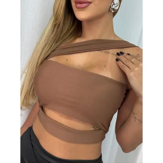 Cropped Faixa Transversal Modal Blogueira Verão com Bojo Recortes Faixa Blusinha Decotado Ombro a Ombro Verão Casual