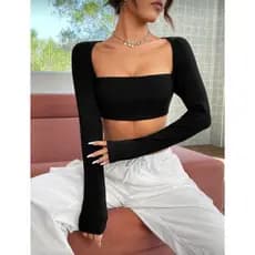 Cropped Feminino Decotado Suplex Manga Longa Moda Blogueira Decote Quadrado Primavera Inverno Estilo Gringa