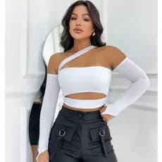 Cropped Maya Recortes Manga Longa Moda Blogueira Gringa com Bojo Feminina Decotado Ombro a Ombro